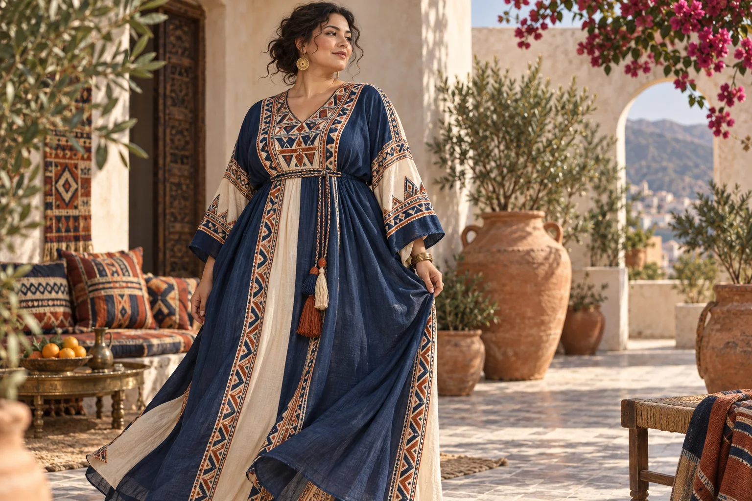 Femme en robe longue bleue ample à broderies géométriques dans une cour