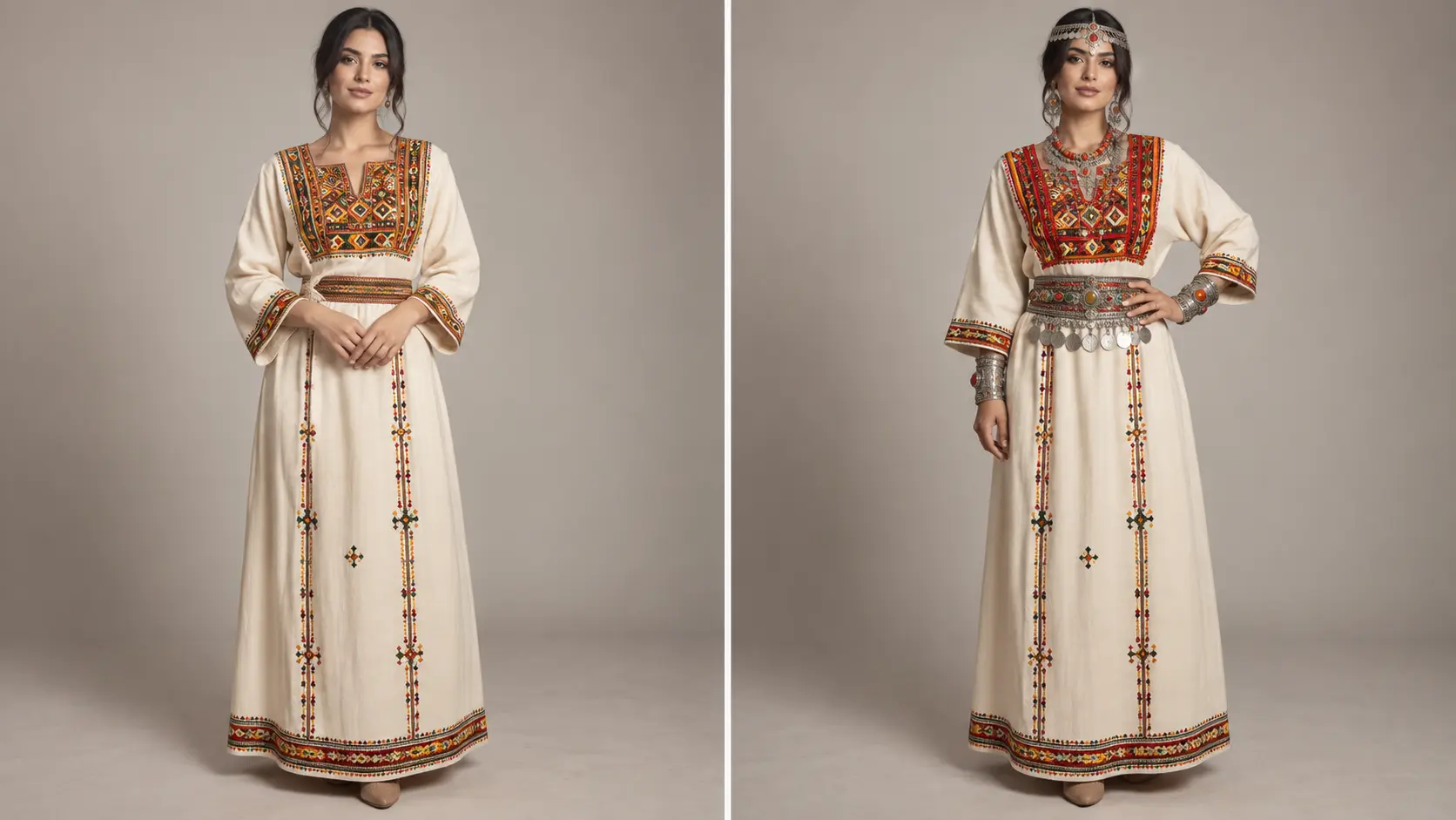 Comparaison annotée de deux compositions de robe kabyle, l'une centrée sur le plastron et l'autre chargée au col, à la taille et aux poignets