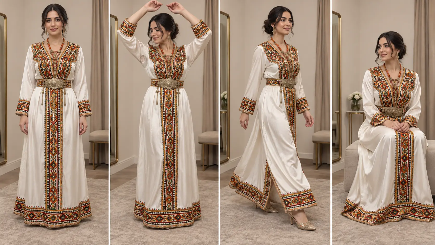 Séquence en quatre vues d'un essayage de robe kabyle, debout, bras levés, en marche et assise, avec zones de contrôle annotées