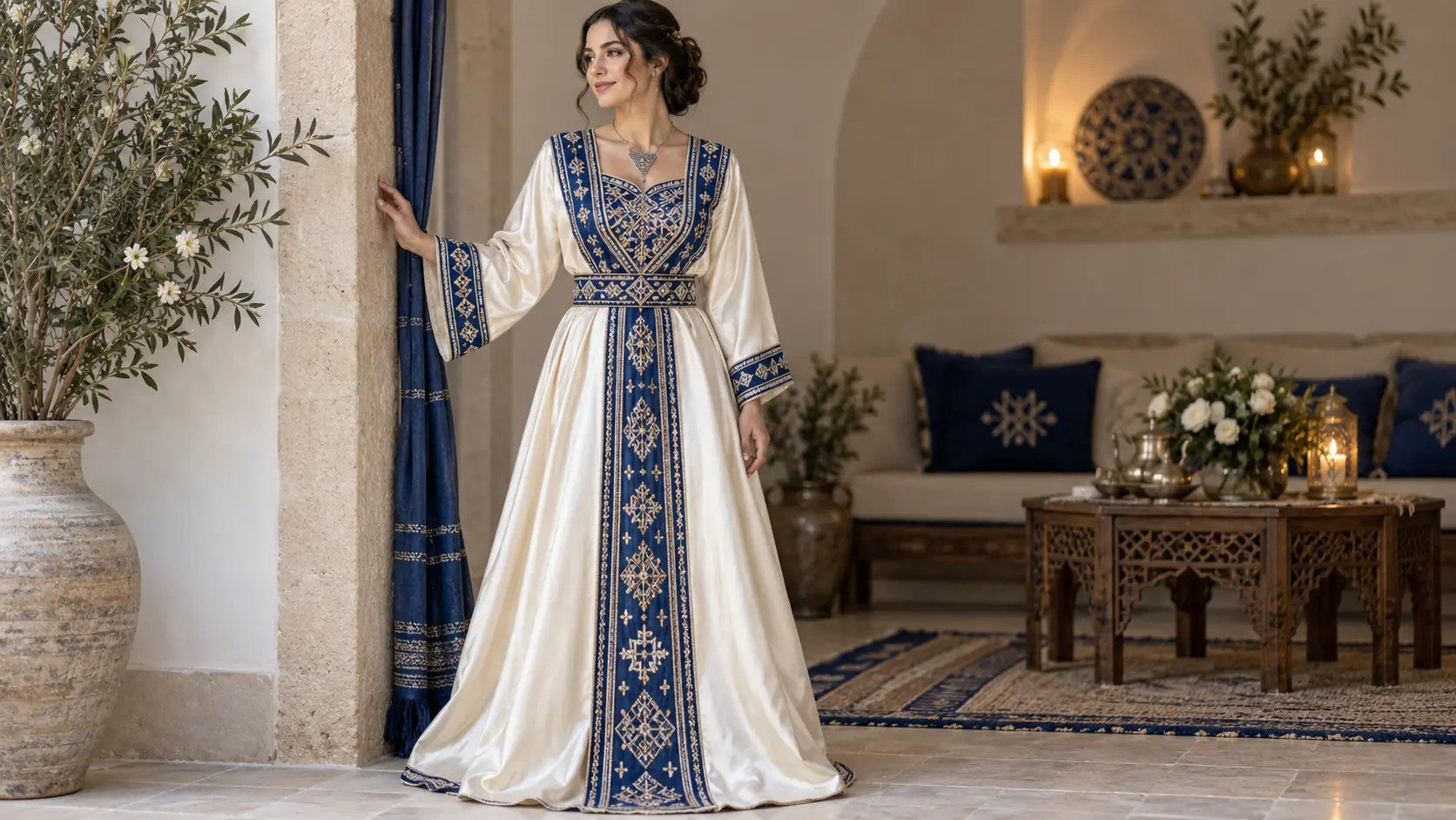 Future fiancée en robe kabyle élégante, avec plastron brodé, ceinture coordonnée et bijoux discrets