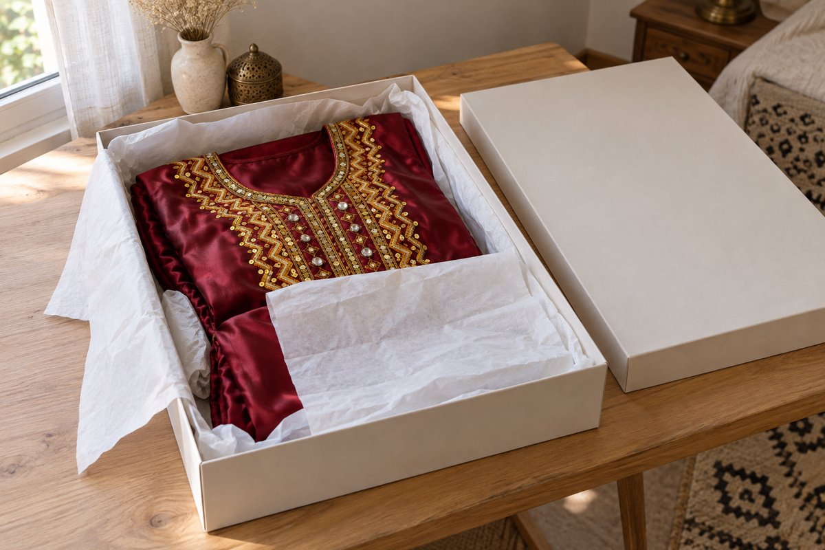 Robe kabyle de fête bordeaux pliée à plat dans une boîte tapissée de papier de soie blanc