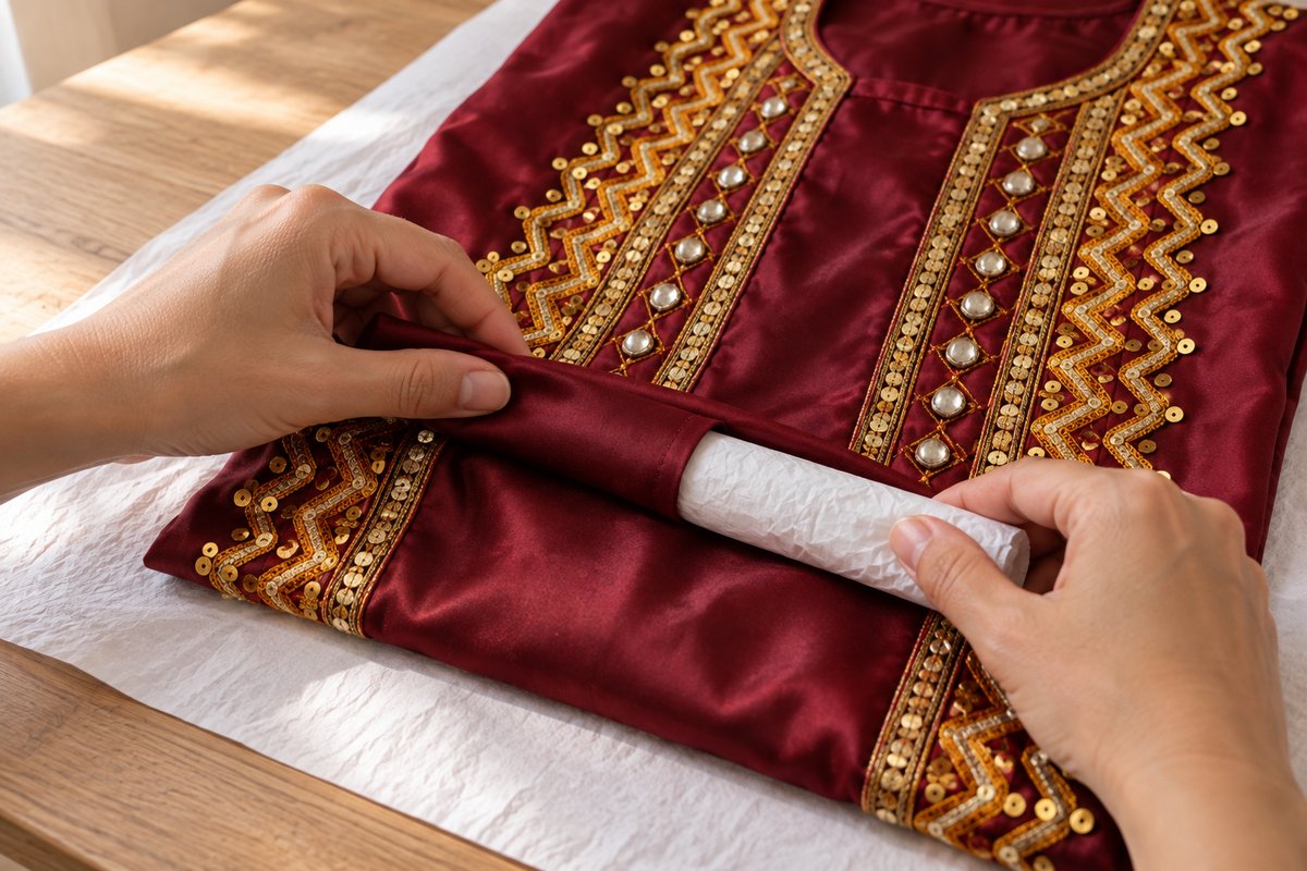 Mains glissant un boudin de papier de soie dans le pli d'une robe kabyle brodée