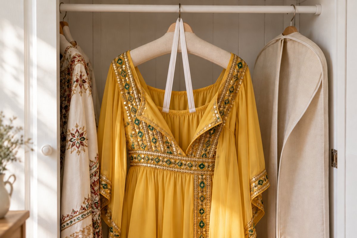 Robe kabyle légère sur cintre rembourré avec brides de suspension cousues à la taille