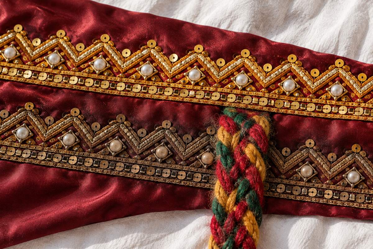 Galon doré noirci au contact d'une ceinture kabyle en laine, à côté d'un galon intact